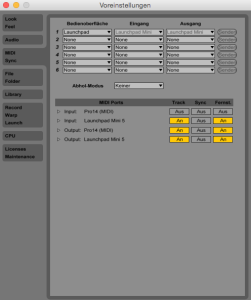 Voreinstellungen von Ableton Live, Unterkategorie MIDI Sync. Hier kannst Du Dein Novation Launchpad konfigurieren.